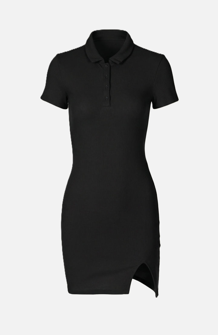 Womens Ribbed Polo Mini Dress Slim Fit Button Front Side Slit