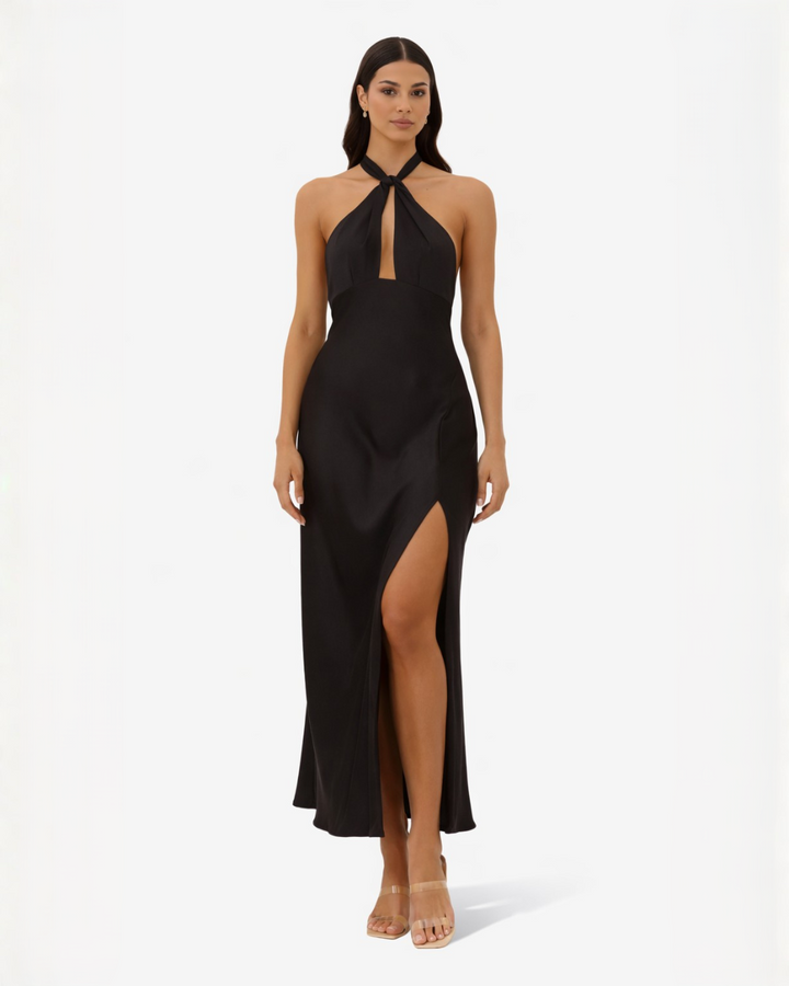 Womens Satin Maxi Dress Halter Neck Keyhole Side Slit