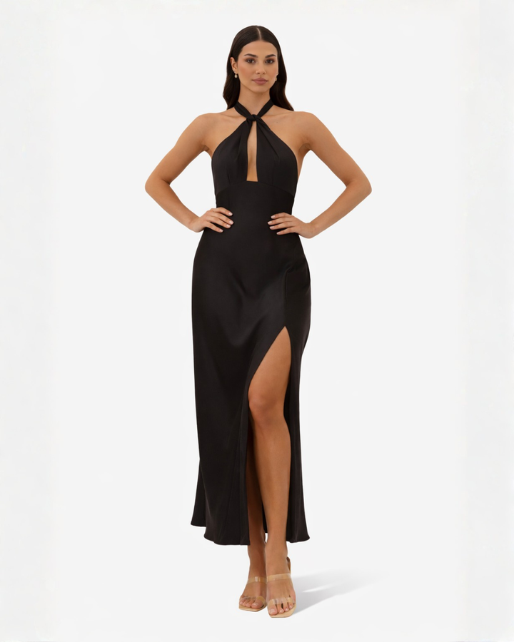 Womens Satin Maxi Dress Halter Neck Keyhole Side Slit