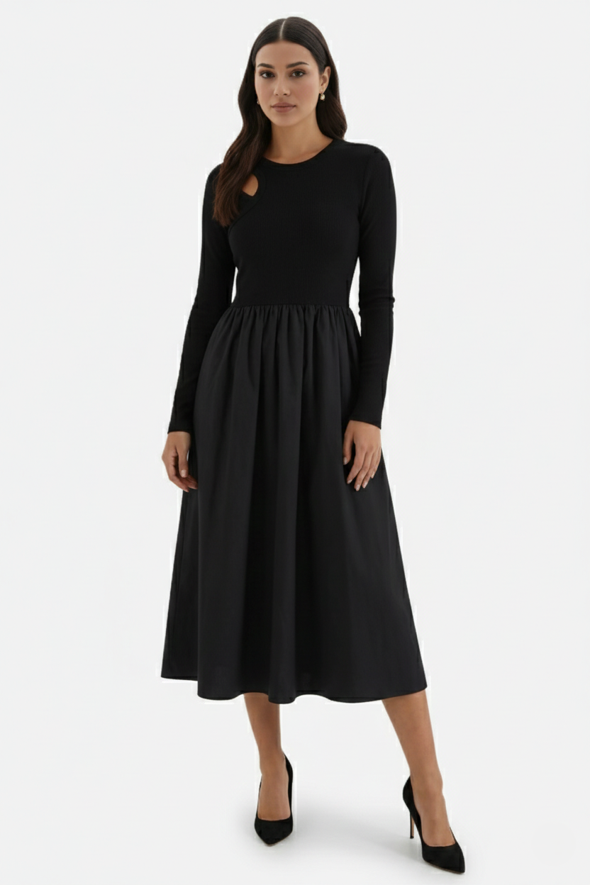 Womens Midi Dress Mixed Media Long Sleeve Fit and Flare