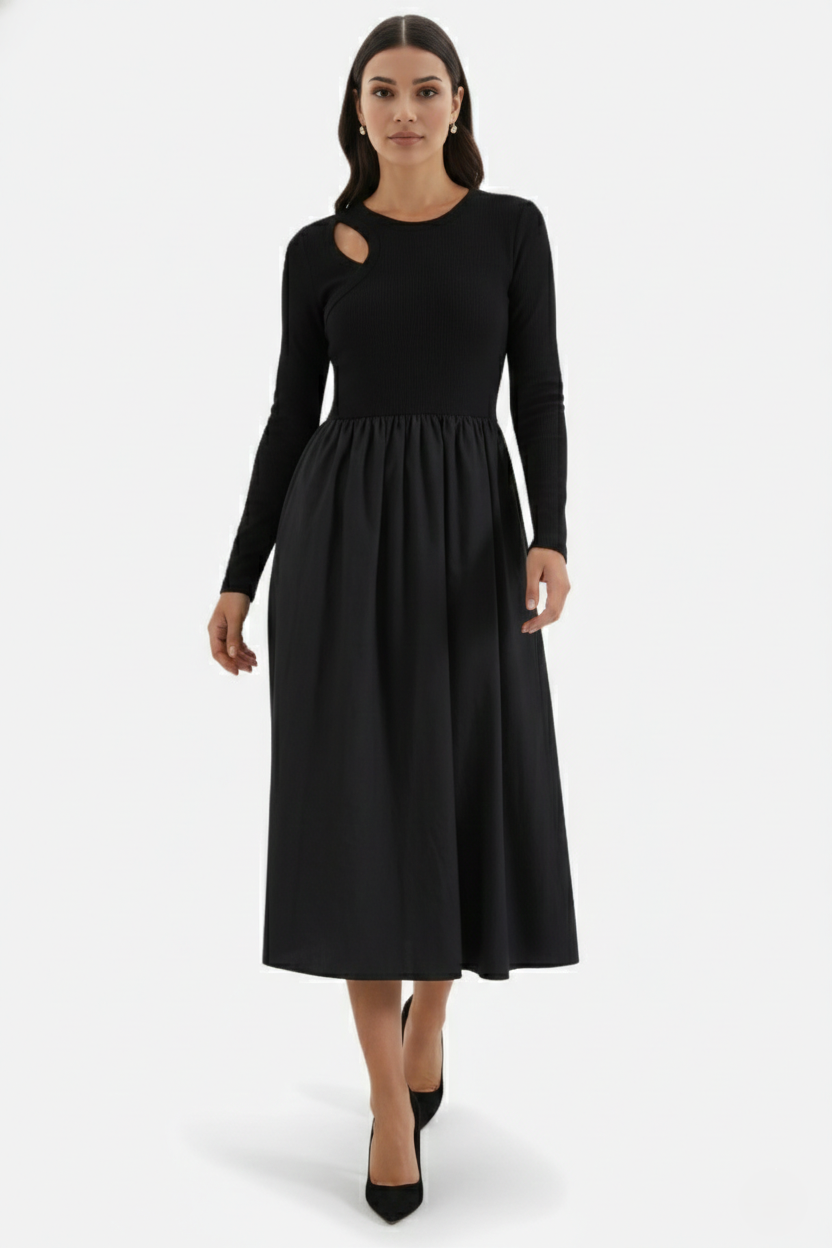 Womens Midi Dress Mixed Media Long Sleeve Fit and Flare - Clovrio