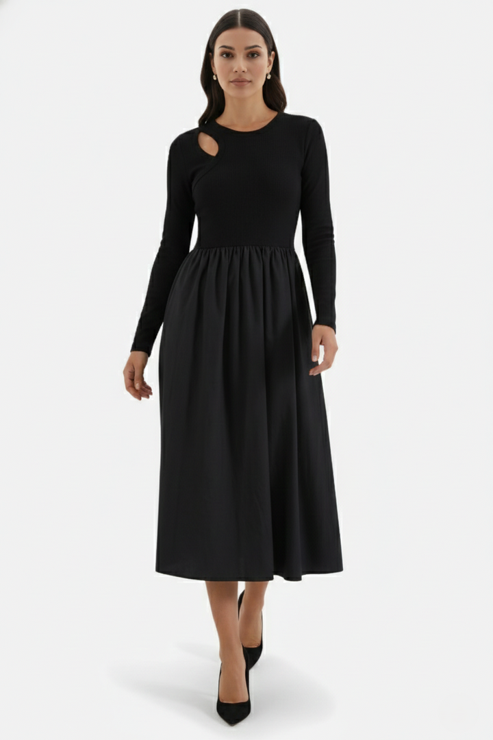 Womens Midi Dress Mixed Media Long Sleeve Fit and Flare - Clovrio