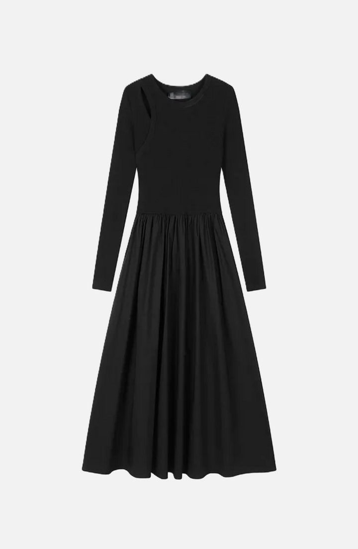 Womens Midi Dress Mixed Media Long Sleeve Fit and Flare