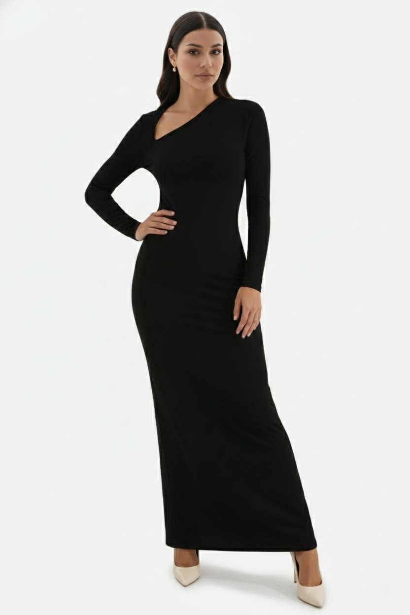 Womens Bodycon Maxi Dress with Asymmetric Cutout Long Sleeve
