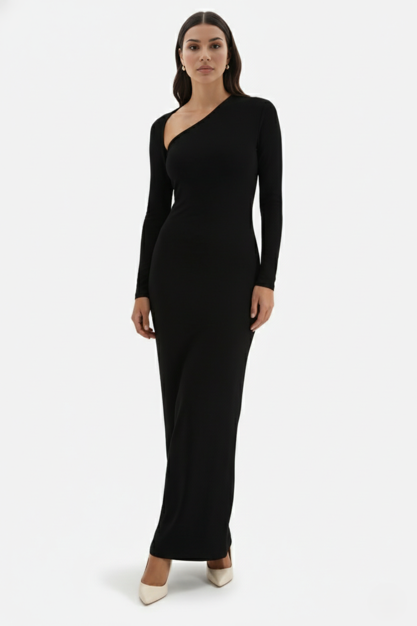 Womens Bodycon Maxi Dress with Asymmetric Cutout Long Sleeve