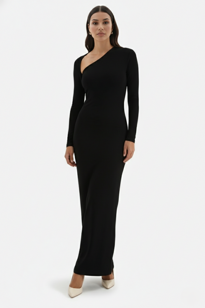 Womens Bodycon Maxi Dress with Asymmetric Cutout Long Sleeve