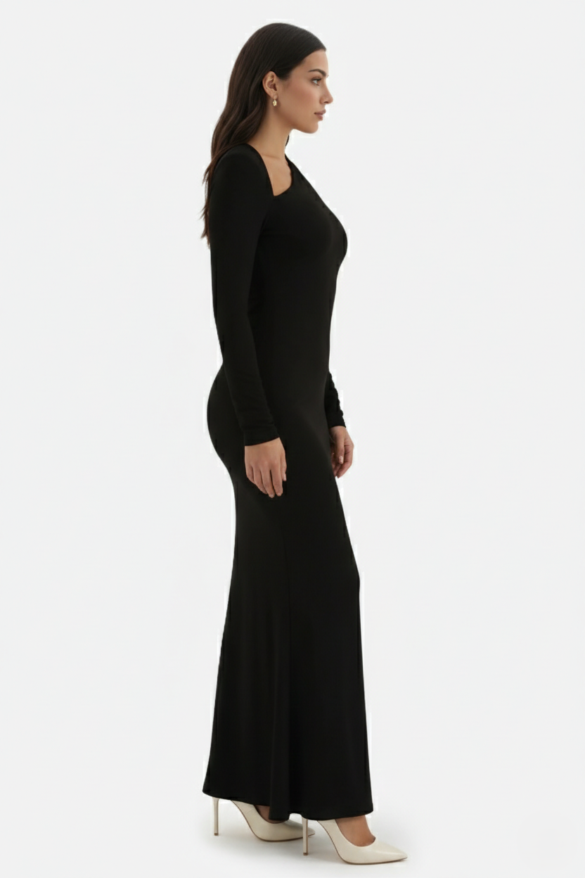 Womens Bodycon Maxi Dress with Asymmetric Cutout Long Sleeve