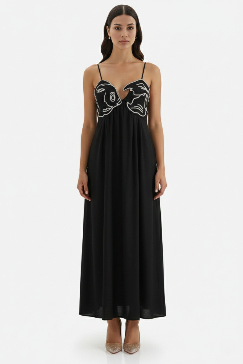 Womens Linen Dress Embroidered Bodice A-Line Spaghetti Straps