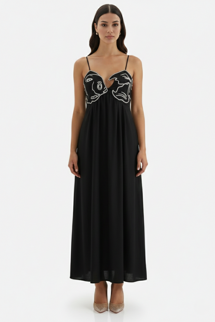 Womens Linen Dress Embroidered Bodice A-Line Spaghetti Straps