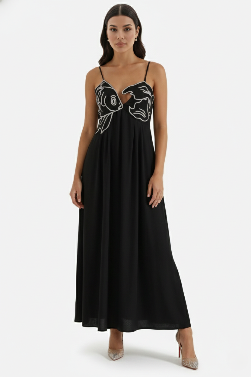 Womens Linen Dress Embroidered Bodice A-Line Spaghetti Straps
