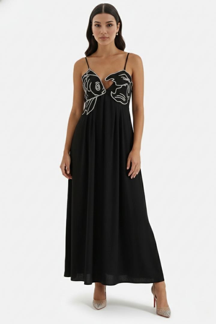 Womens Linen Dress Embroidered Bodice A-Line Spaghetti Straps