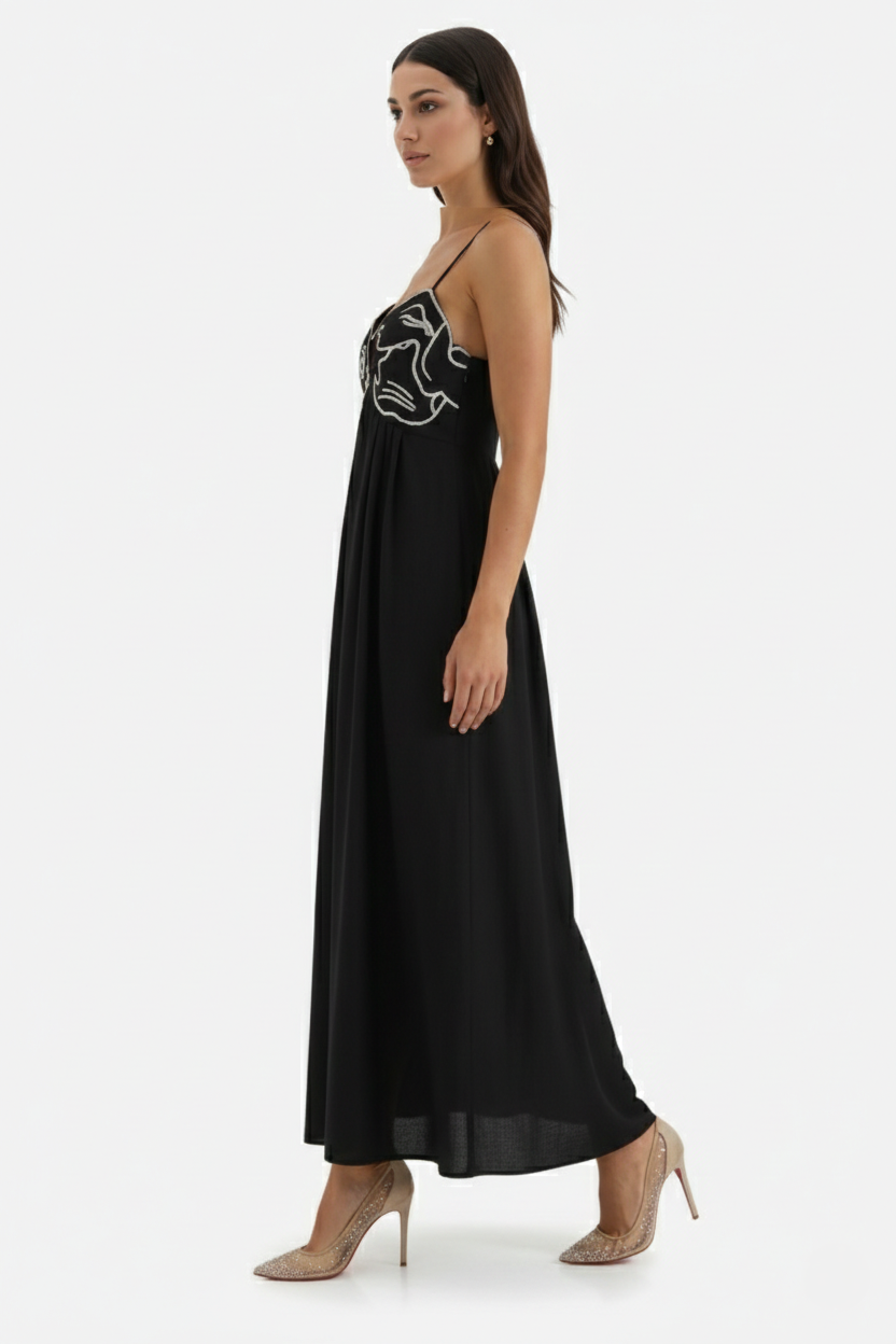 Womens Linen Dress Embroidered Bodice A-Line Spaghetti Straps