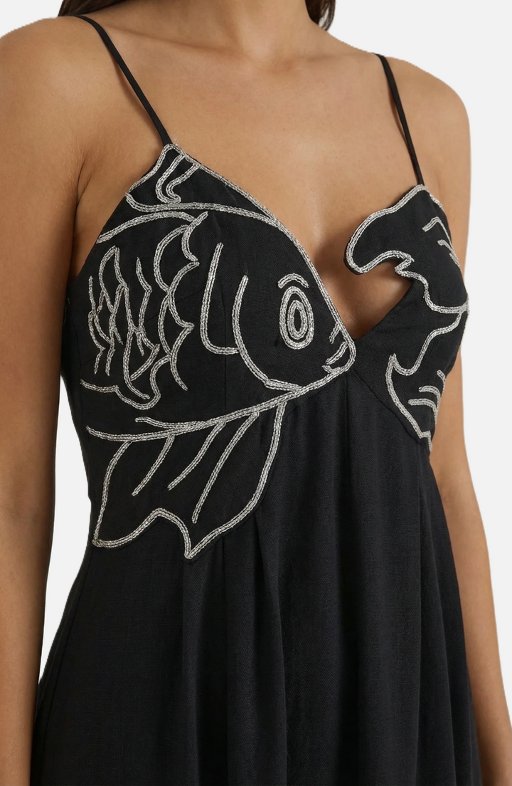 Womens Linen Dress Embroidered Bodice A-Line Spaghetti Straps