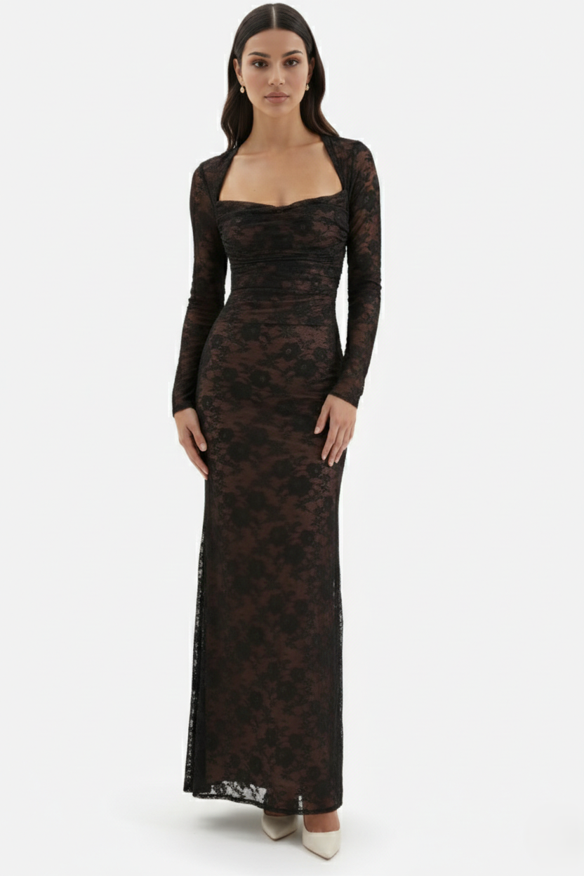 Womens Maxi Dress Floral Lace Lace-Up Back Long Sleeve Shrug