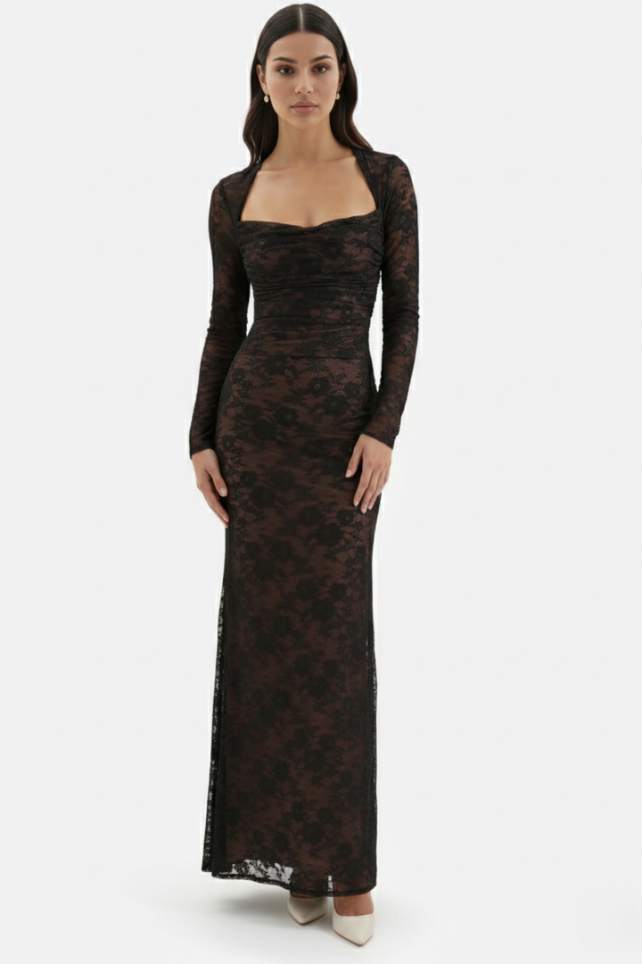 Womens Maxi Dress Floral Lace Lace-Up Back Long Sleeve Shrug