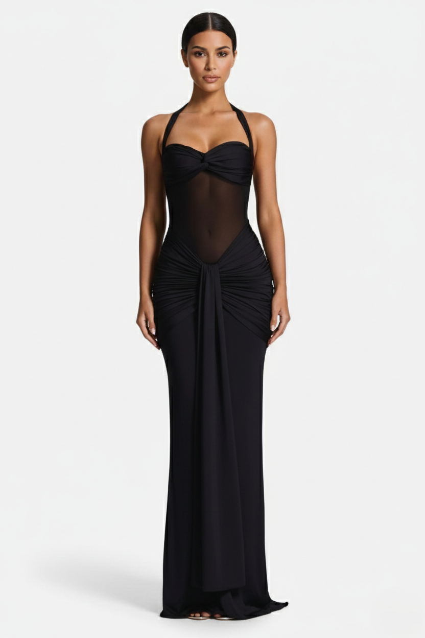 Womens Bodycon Evening Gown with Halter Neck and Ruched Detail
