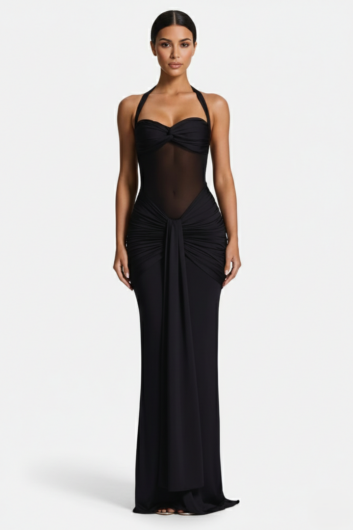 Womens Bodycon Evening Gown with Halter Neck and Ruched Detail