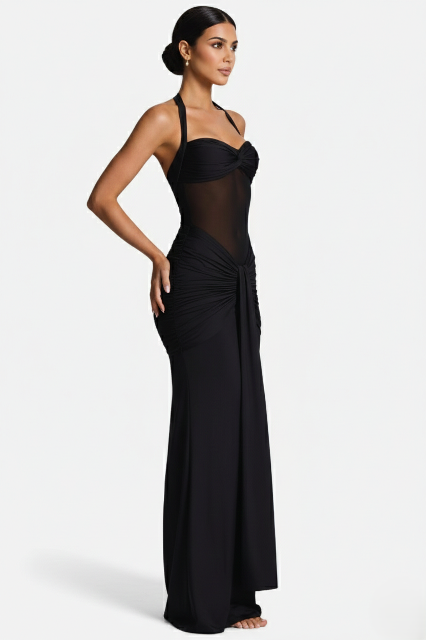 Womens Bodycon Evening Gown with Halter Neck and Ruched Detail
