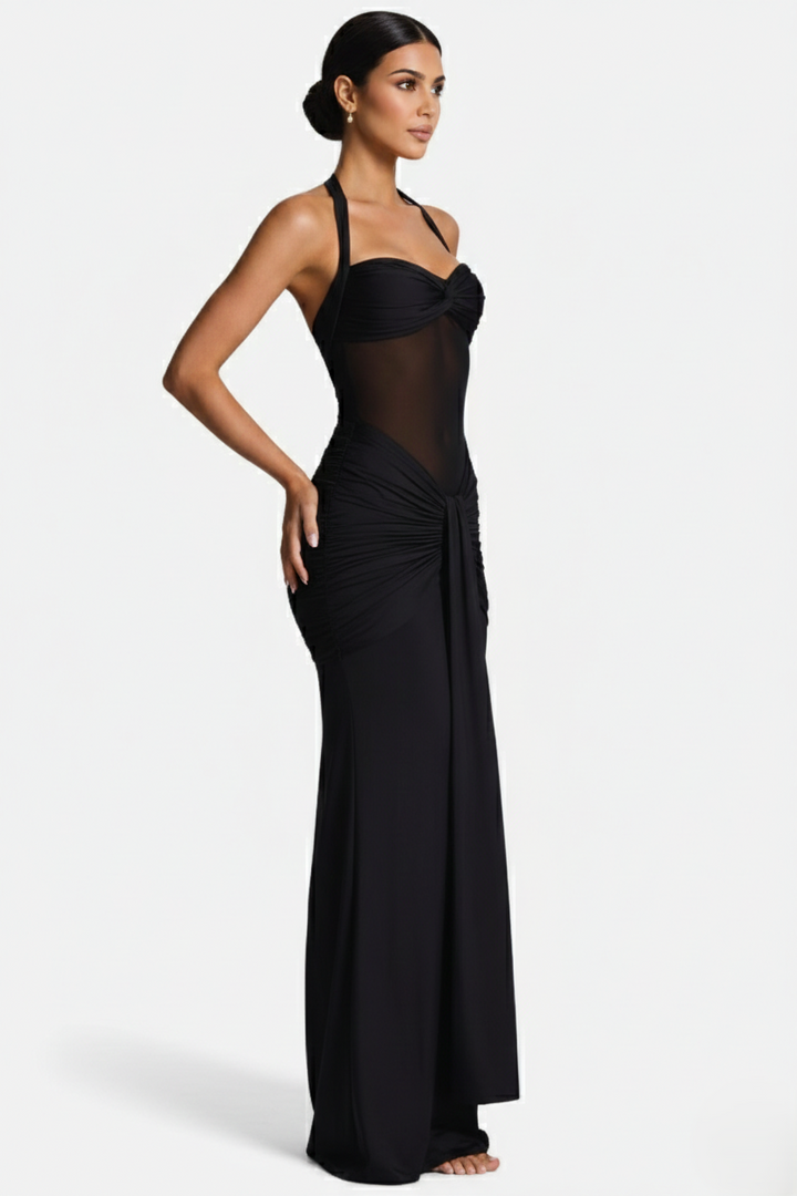 Womens Bodycon Evening Gown with Halter Neck and Ruched Detail