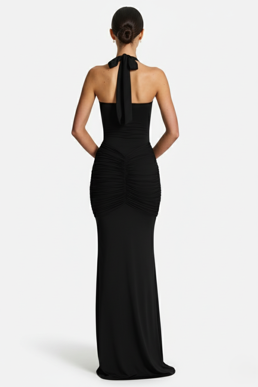 Womens Bodycon Evening Gown with Halter Neck and Ruched Detail