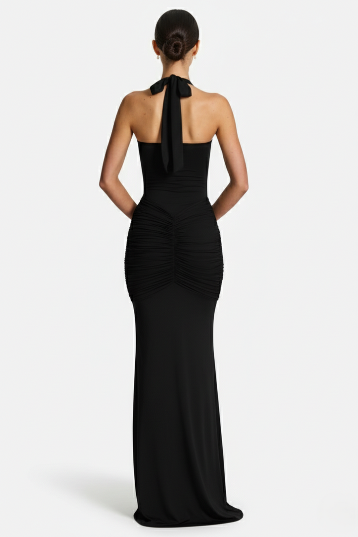 Womens Bodycon Evening Gown with Halter Neck and Ruched Detail