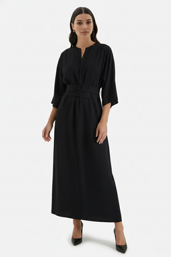 Womens Kaftan Dress Pleated Cinch Waist Split Neckline