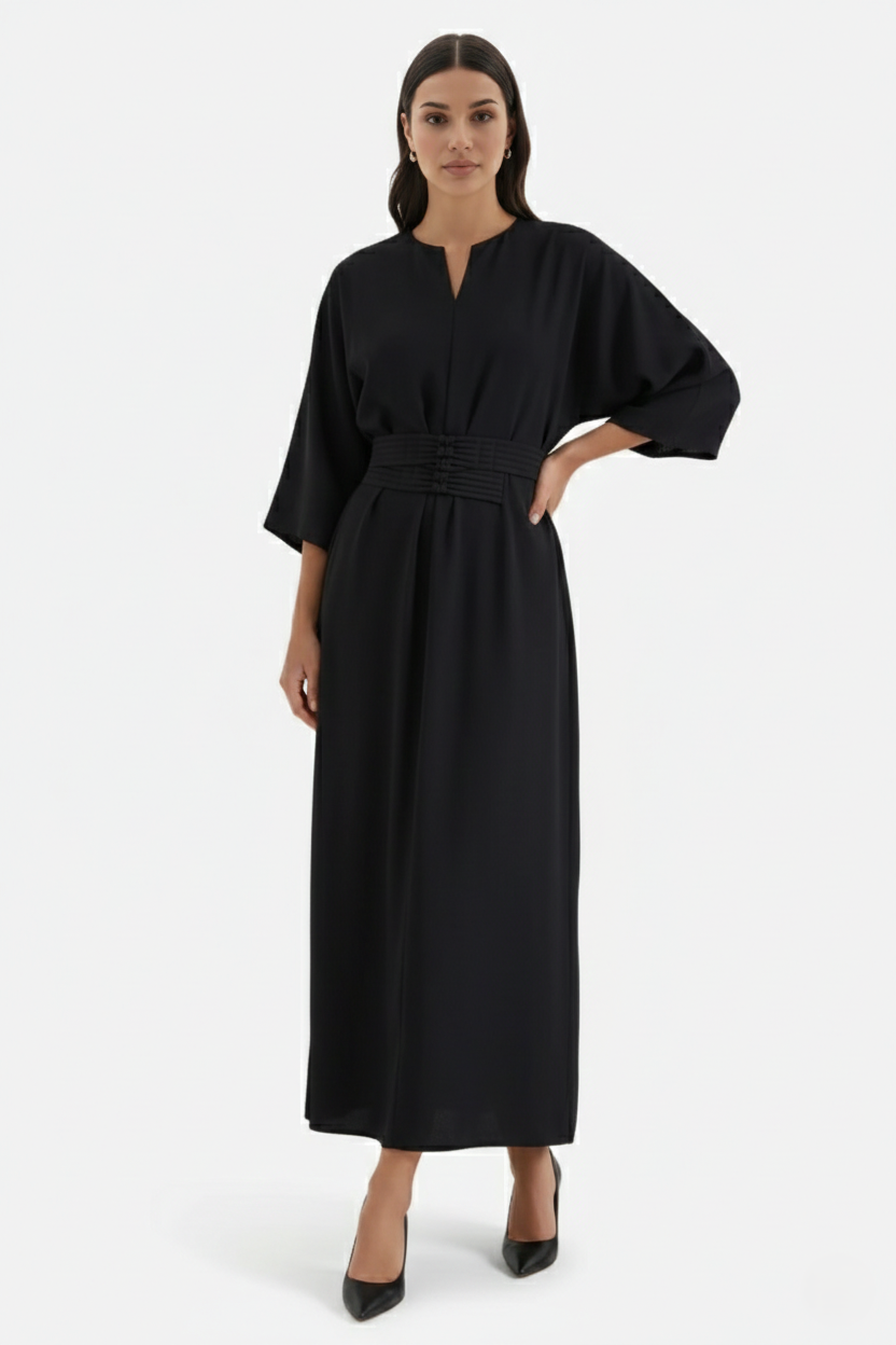 Womens Kaftan Dress Pleated Cinch Waist Split Neckline