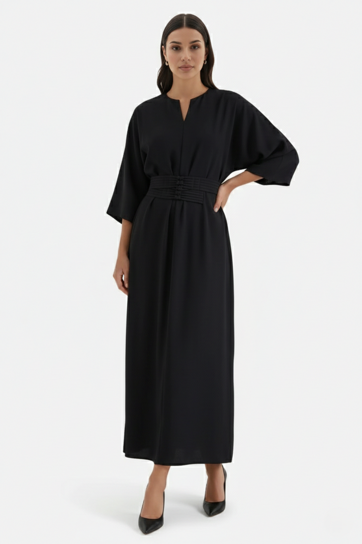 Womens Kaftan Dress Pleated Cinch Waist Split Neckline