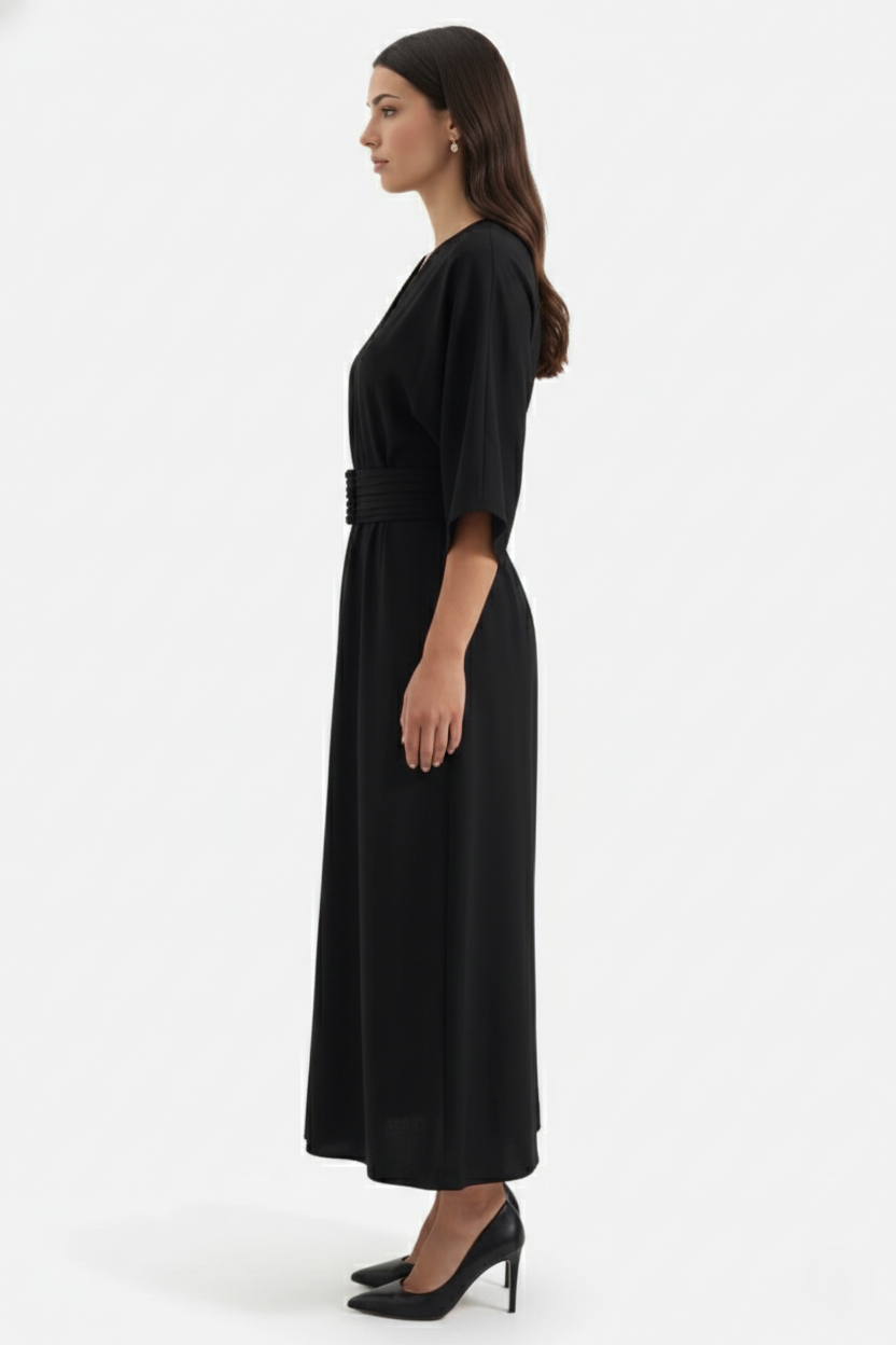 Womens Kaftan Dress Pleated Cinch Waist Split Neckline