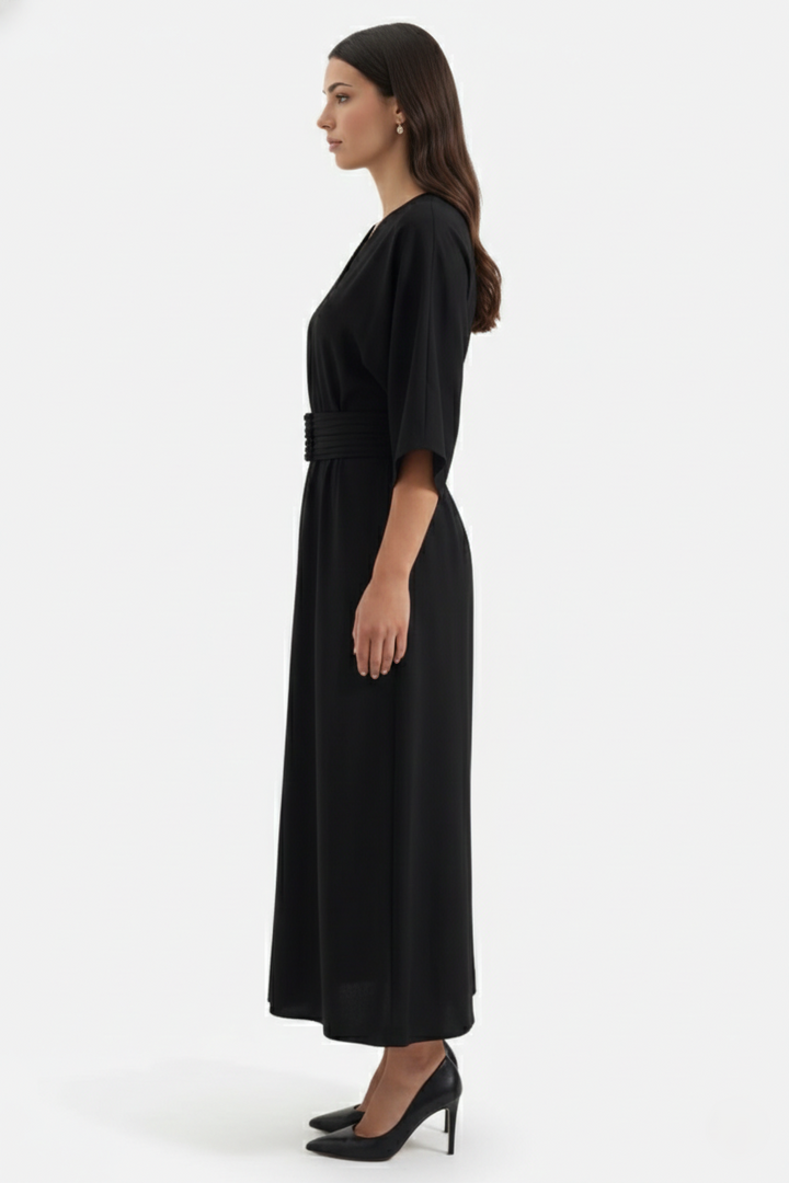 Womens Kaftan Dress Pleated Cinch Waist Split Neckline