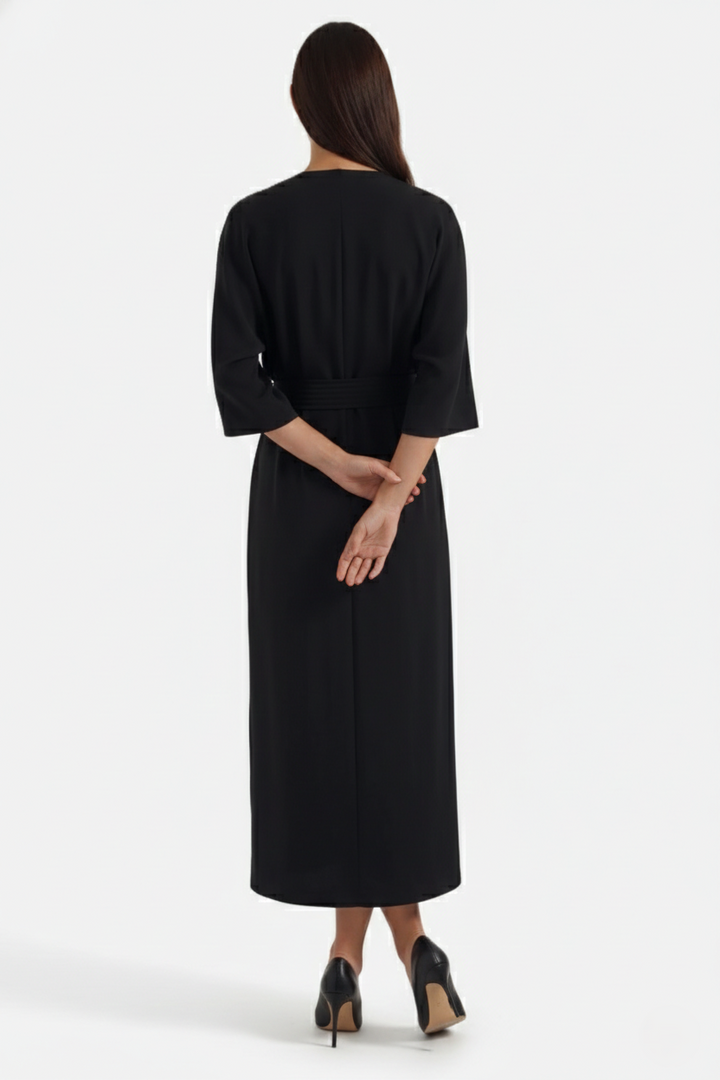 Womens Kaftan Dress Pleated Cinch Waist Split Neckline