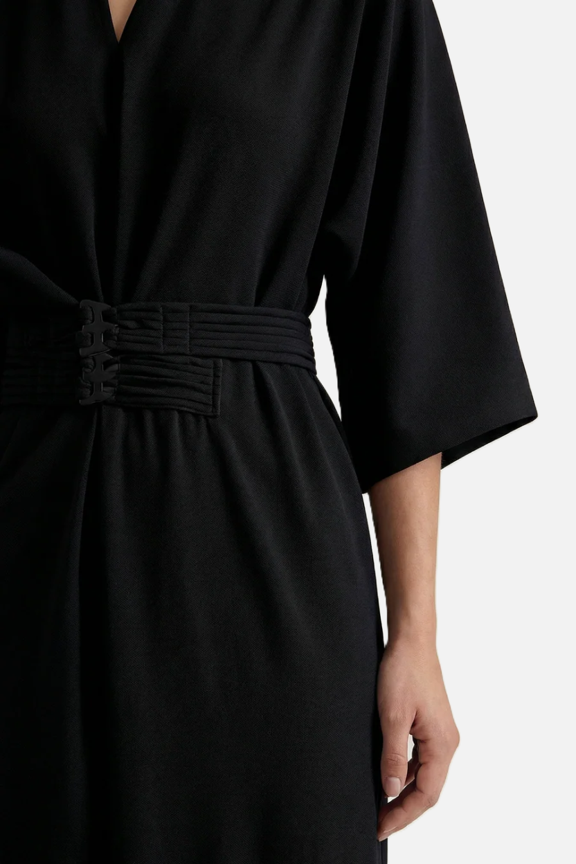 Womens Kaftan Dress Pleated Cinch Waist Split Neckline