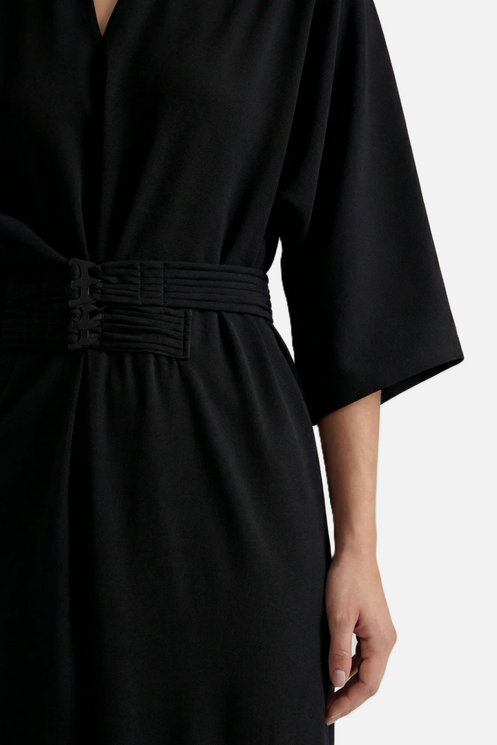 Womens Kaftan Dress Pleated Cinch Waist Split Neckline