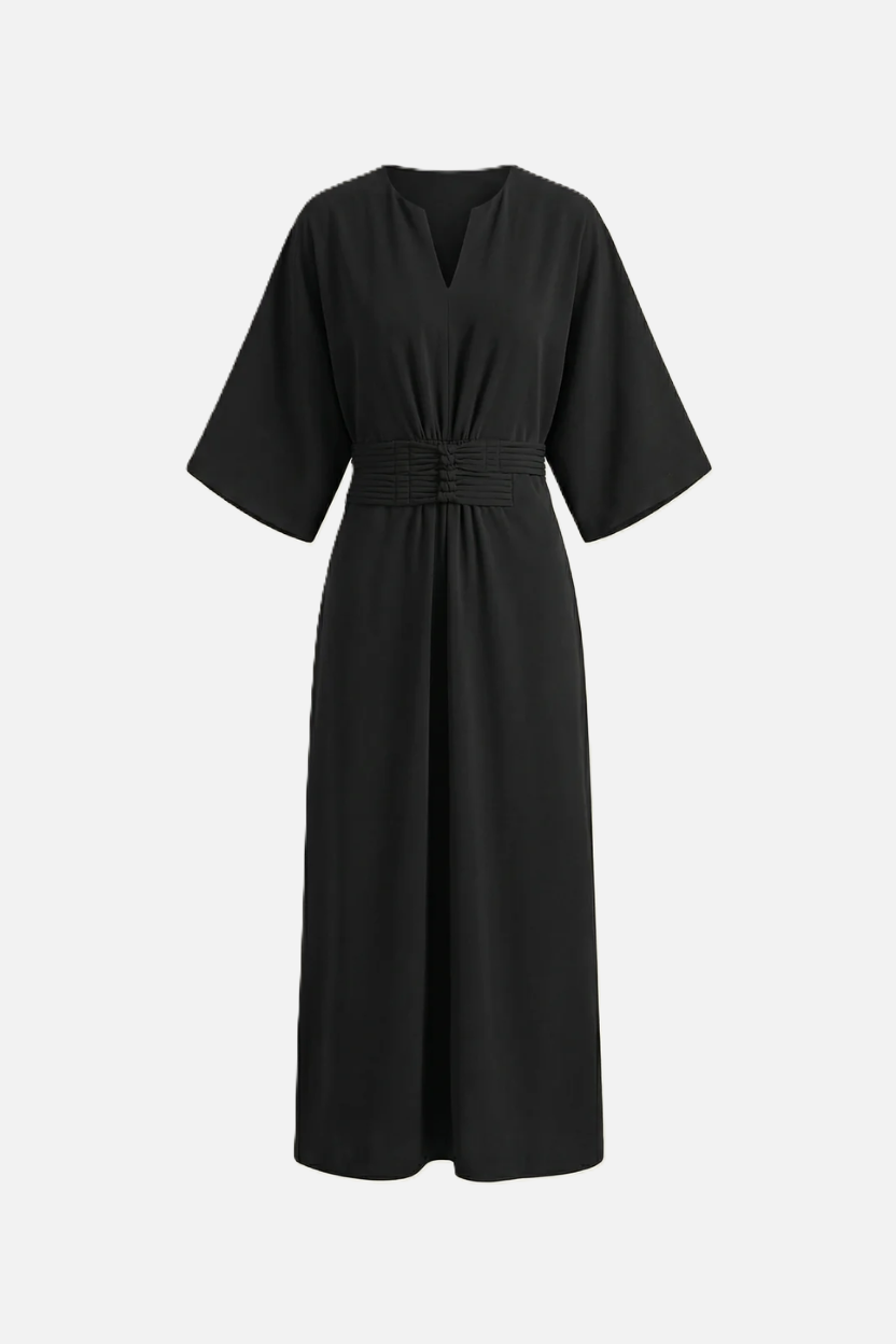 Womens Kaftan Dress Pleated Cinch Waist Split Neckline