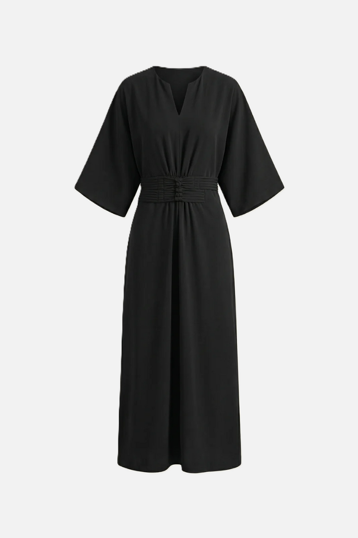 Womens Kaftan Dress Pleated Cinch Waist Split Neckline