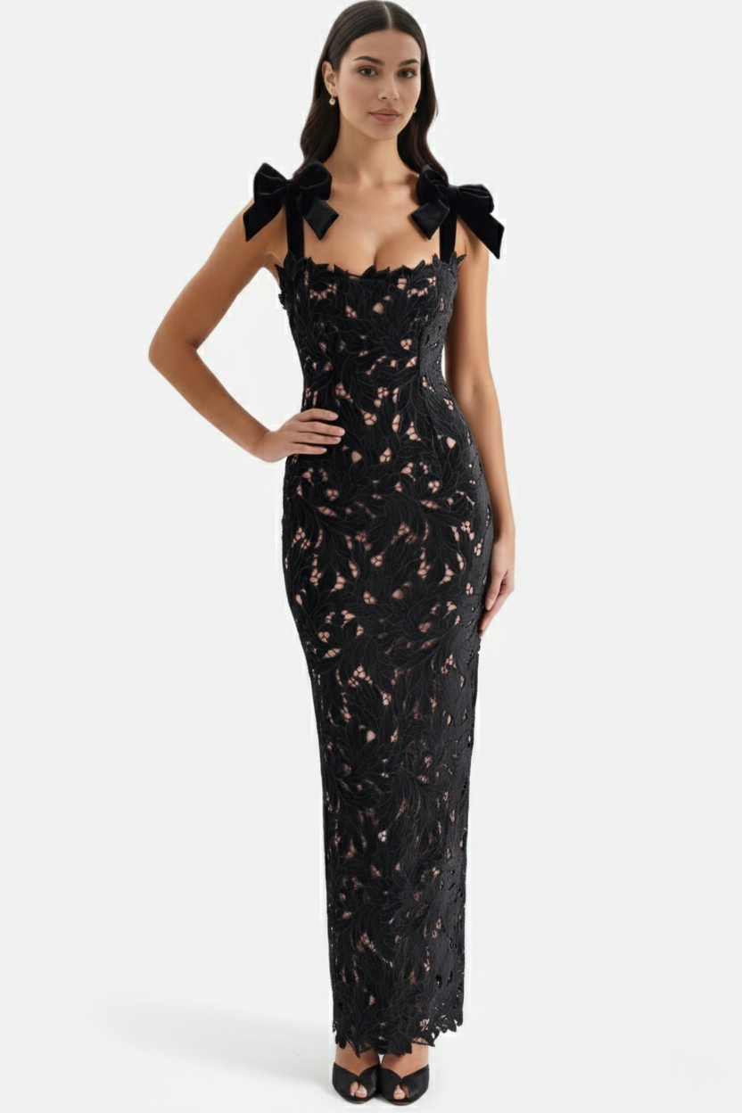 Womens Bodycon Maxi Dress Lace Cutwork Bow Shoulder Scalloped Hem