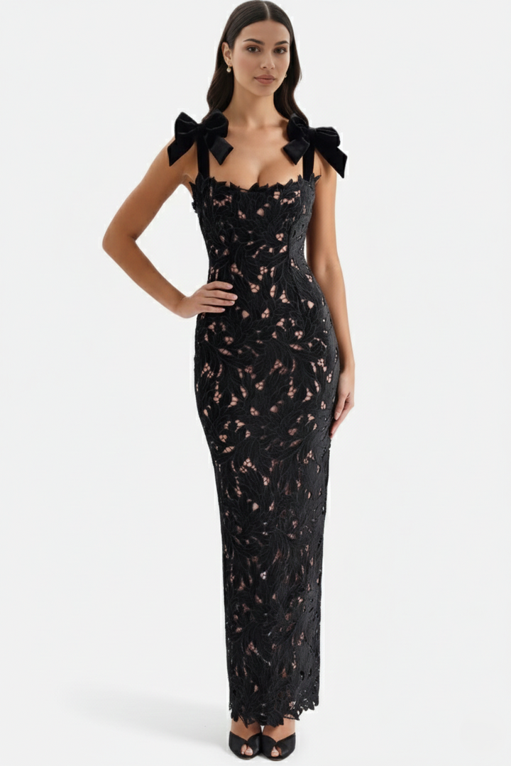 Womens Bodycon Maxi Dress Lace Cutwork Bow Shoulder Scalloped Hem