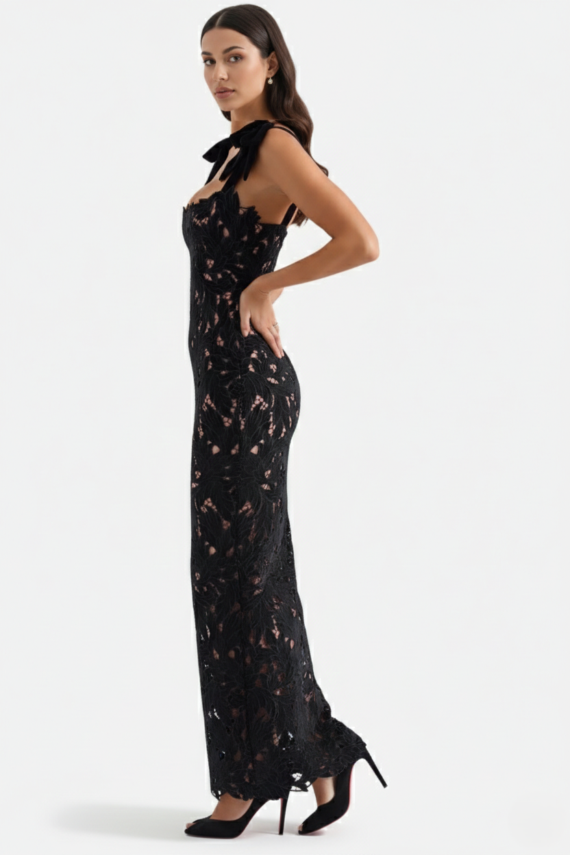 Womens Bodycon Maxi Dress Lace Cutwork Bow Shoulder Scalloped Hem