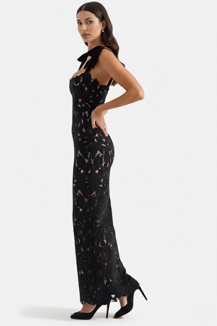 Womens Bodycon Maxi Dress Lace Cutwork Bow Shoulder Scalloped Hem