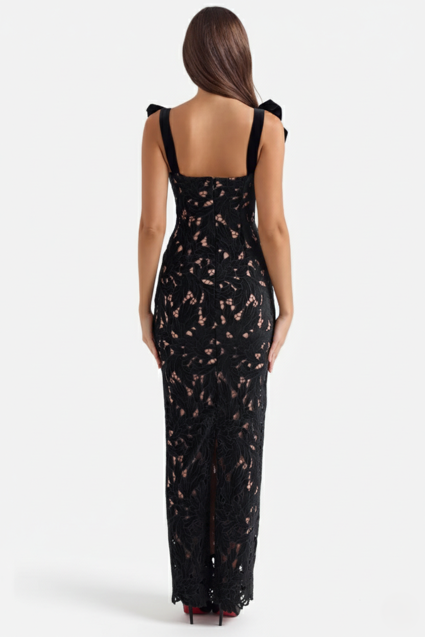 Womens Bodycon Maxi Dress Lace Cutwork Bow Shoulder Scalloped Hem