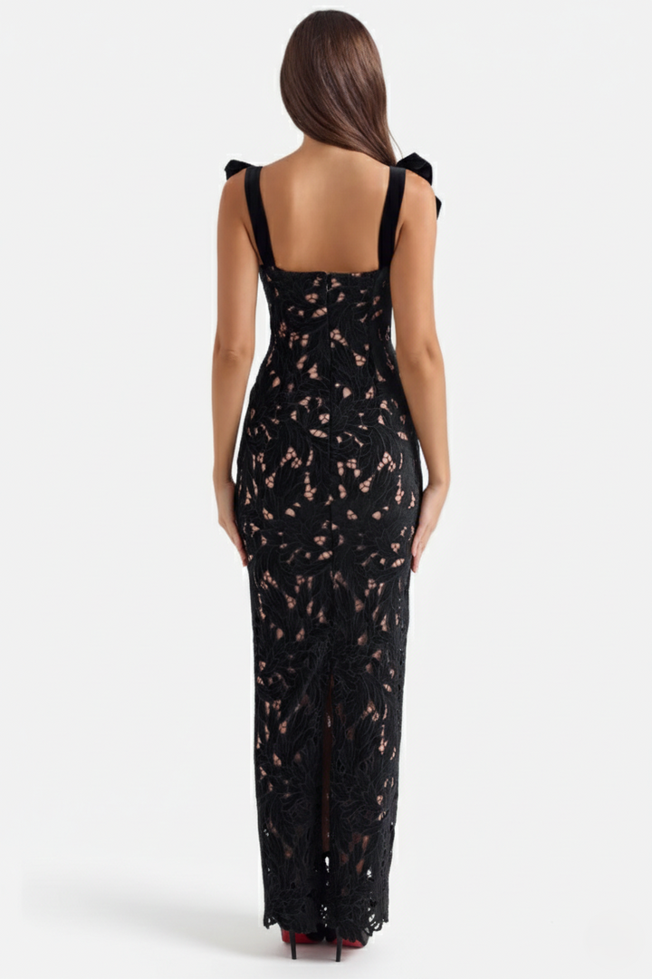 Womens Bodycon Maxi Dress Lace Cutwork Bow Shoulder Scalloped Hem