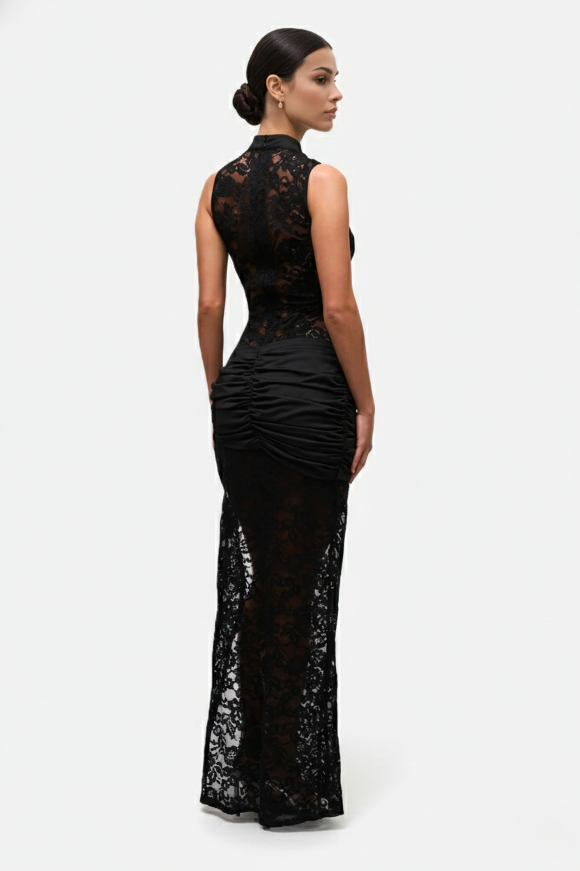 Womens Lace Cheongsam Maxi Dress Keyhole High Slit