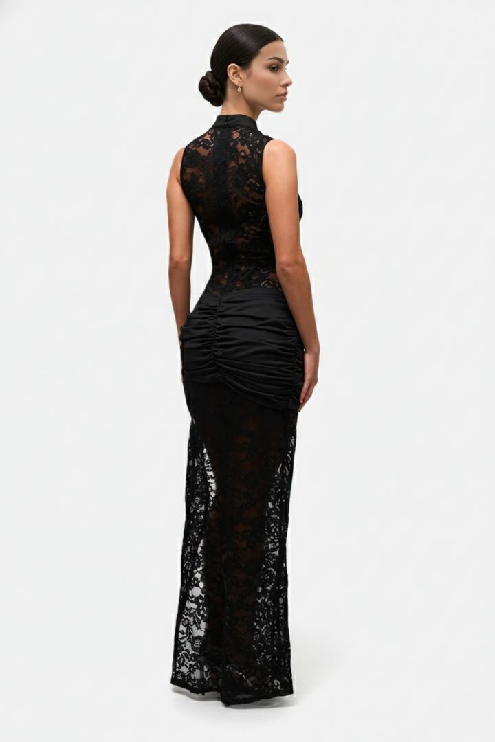 Womens Lace Cheongsam Maxi Dress Keyhole High Slit