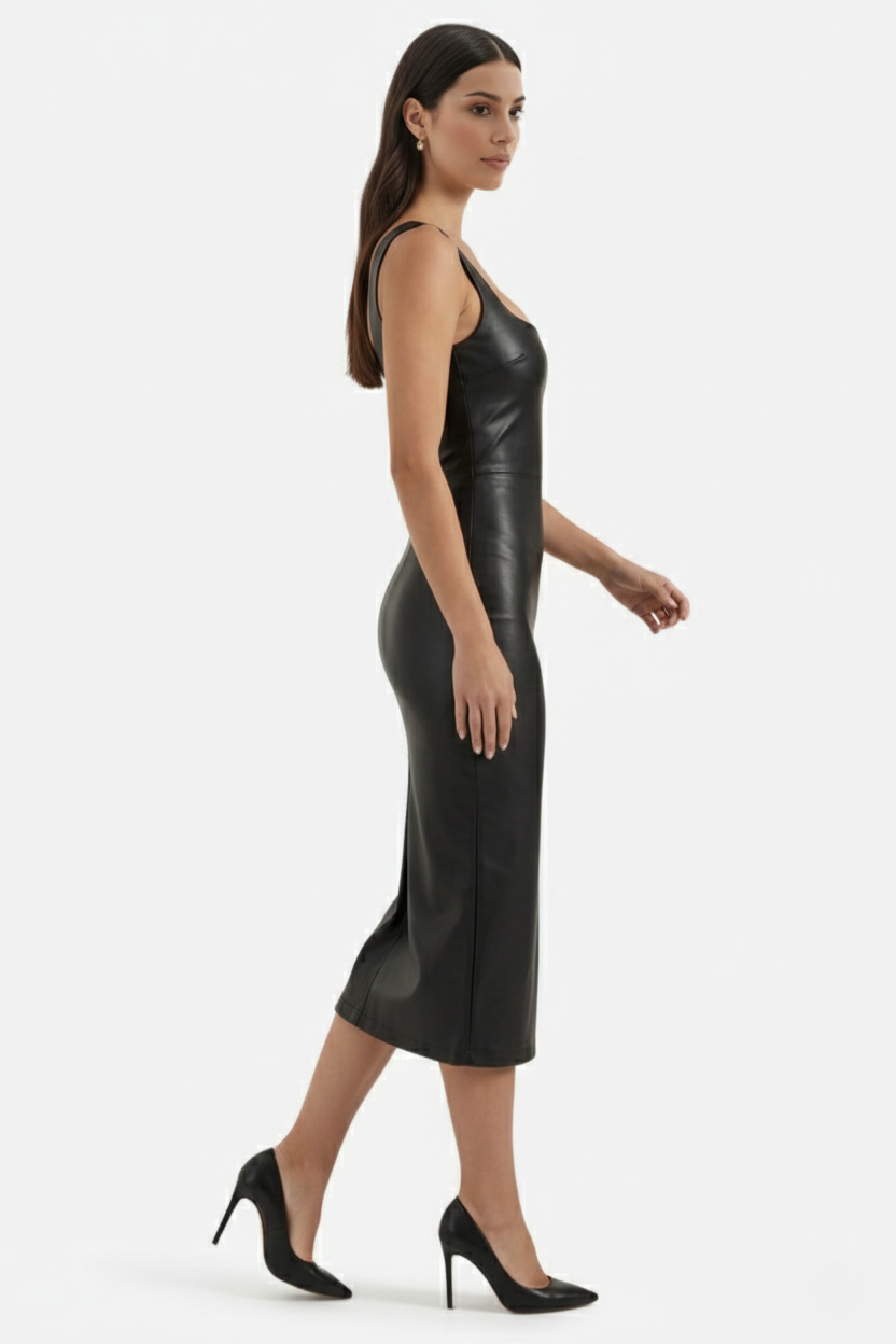 Womens Faux Leather Midi Dress Sleeveless Square Neck