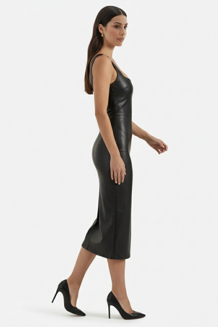 Womens Faux Leather Midi Dress Sleeveless Square Neck