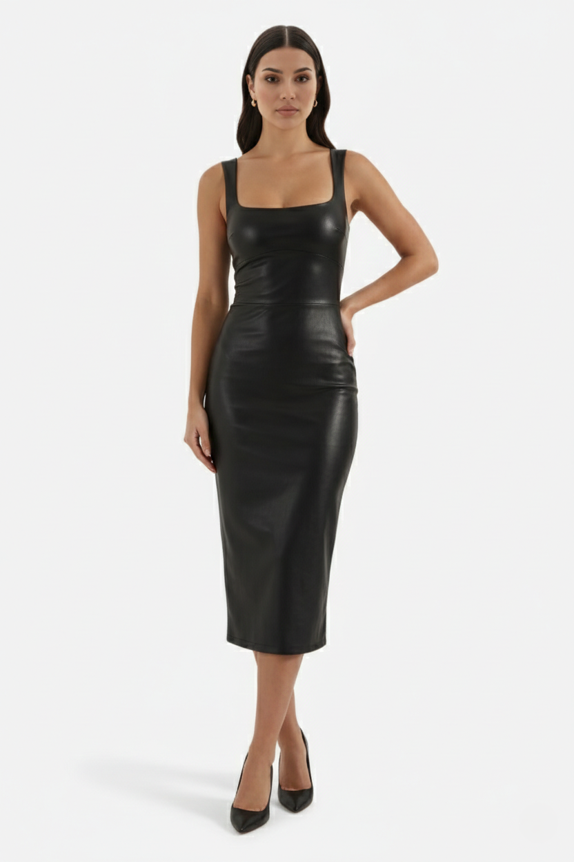 Womens Faux Leather Midi Dress Sleeveless Square Neck - Clovrio