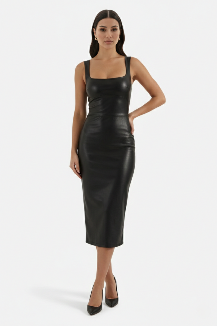 Womens Faux Leather Midi Dress Sleeveless Square Neck - Clovrio