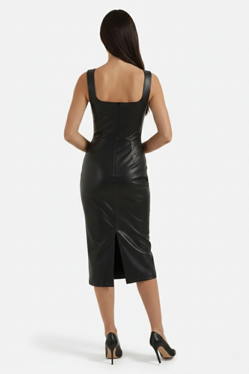 Womens Faux Leather Midi Dress Sleeveless Square Neck