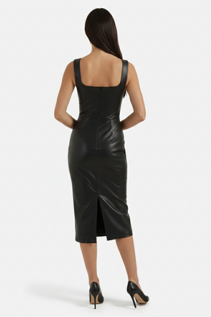 Womens Faux Leather Midi Dress Sleeveless Square Neck