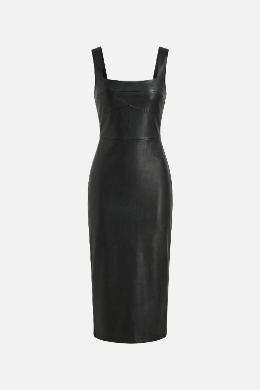 Womens Faux Leather Midi Dress Sleeveless Square Neck